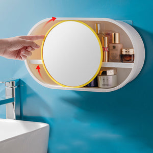 SOGA 39cm Oval Wall-Mounted Mirror Storage Box Vanity Mirror Rack Bathroom Adhesive Shelf Home Organiser Decor