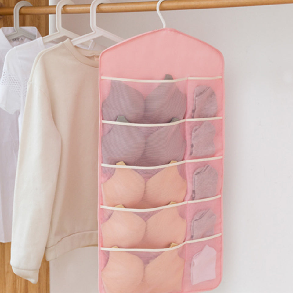 SOGA Pink Double Sided Hanging Storage Bag Underwear Bra Socks Mesh Pocket Hanger Home Organiser