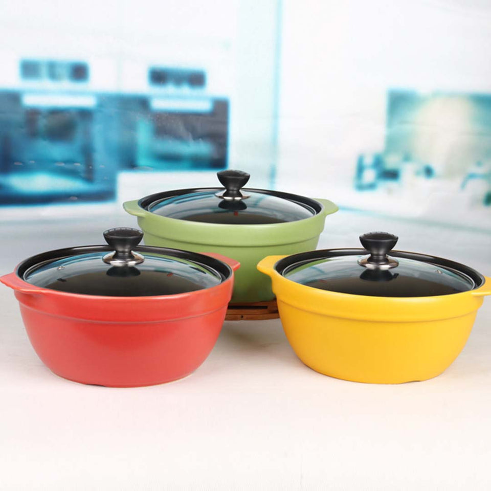 2X 3.5L Ceramic Casserole Stew Cooking Pot with Glass Lid Green