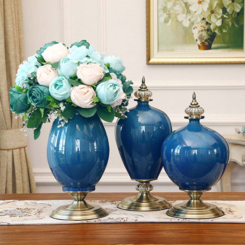 SOGA 2x 42cm Ceramic Oval Flower Vase with Gold Metal Base Dark Blue
