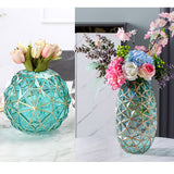 SOGA Green Colored Diamond Cut Glass Flower Vase Round Jar Home Decor with Gold Accent