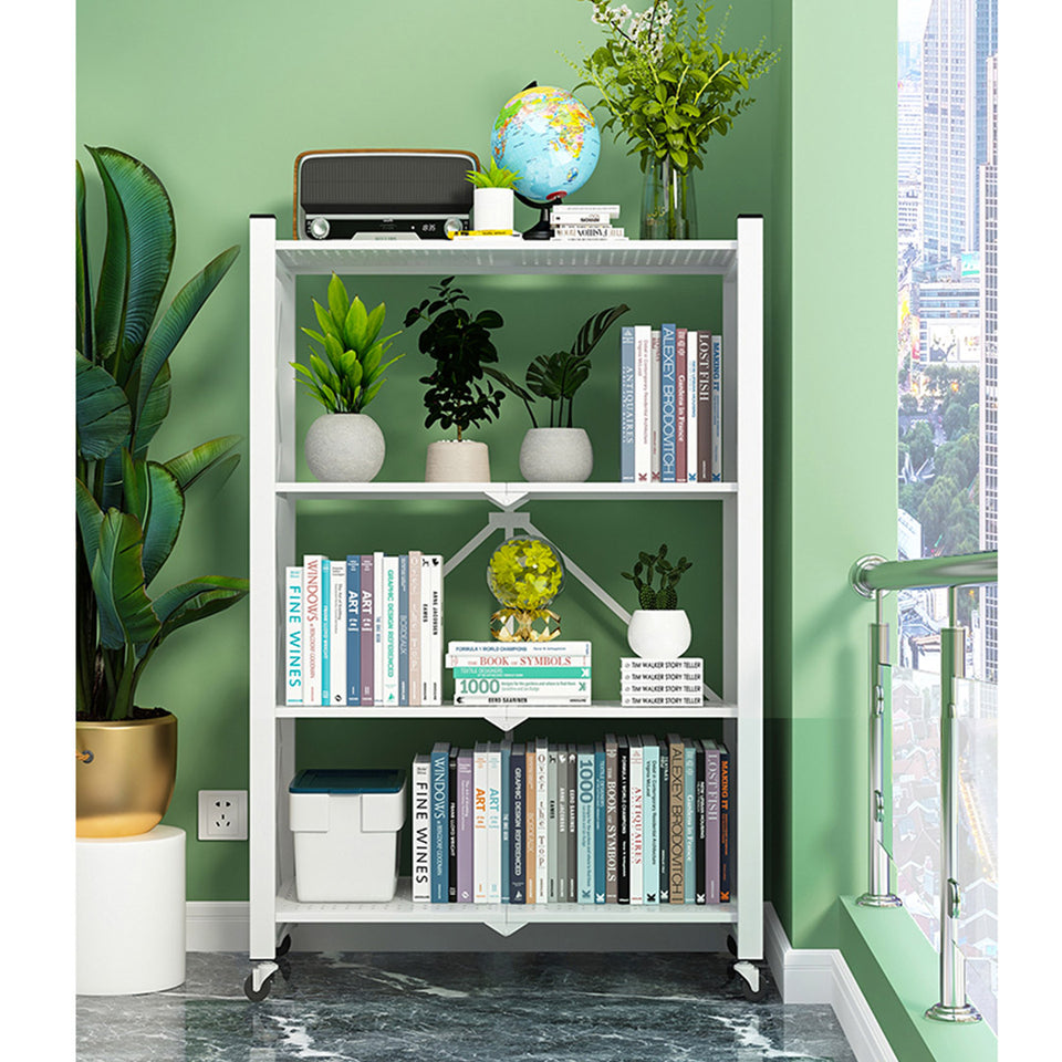 SOGA 4 Tier Steel White Foldable Display Stand Multi-Functional Shelves Storage Organizer with Wheels