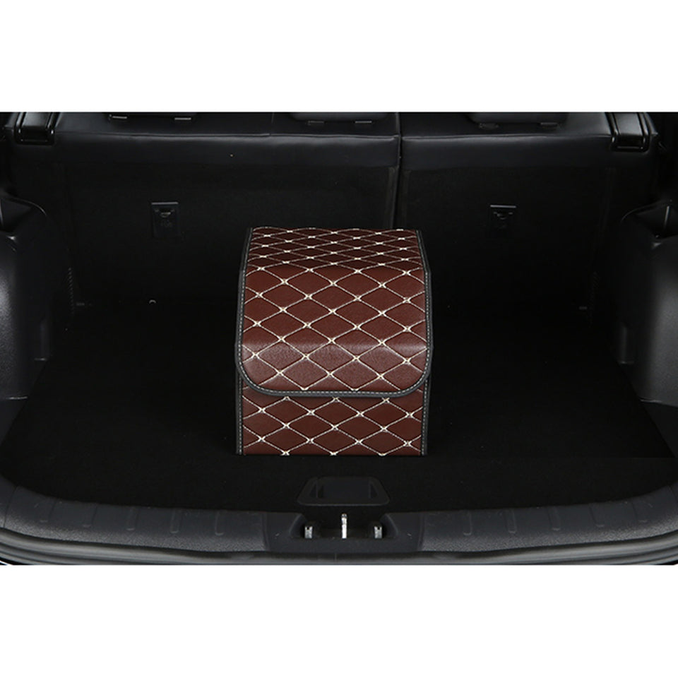 SOGA Leather Car Boot Collapsible Foldable Trunk Cargo Organizer Portable Storage Box Coffee/Gold Stitch Small