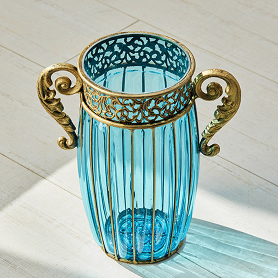 SOGA Blue Colored Glass Flower Vase with 4 Bunch 11 Heads Artificial Fake Silk Rose Home Decor Set