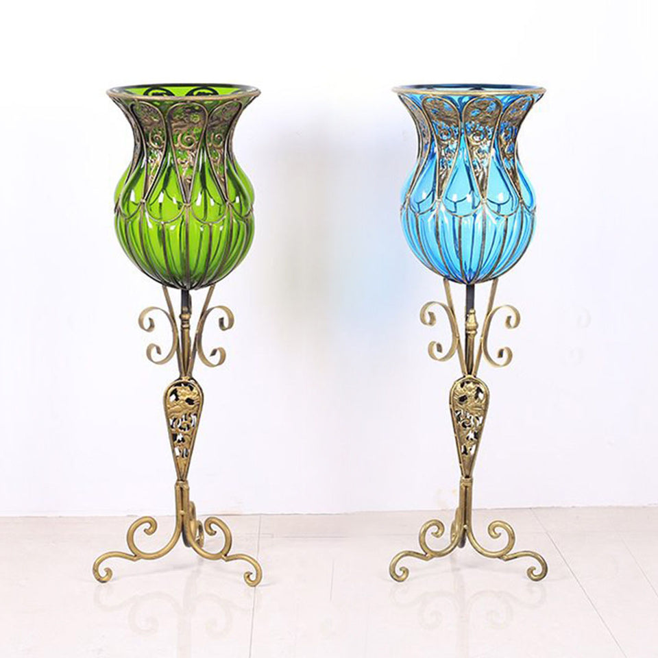 SOGA 85cm Green Glass Tall Floor Vase and 12pcs Dark Pink Artificial Fake Flower Set