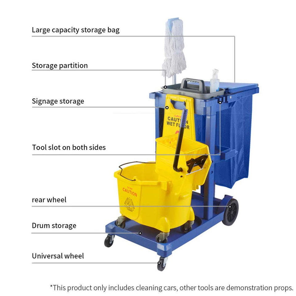 SOGA 2X 3 Tier Multifunction Janitor Cleaning Waste Cart Trolley and Waterproof Bag with Lid Blue