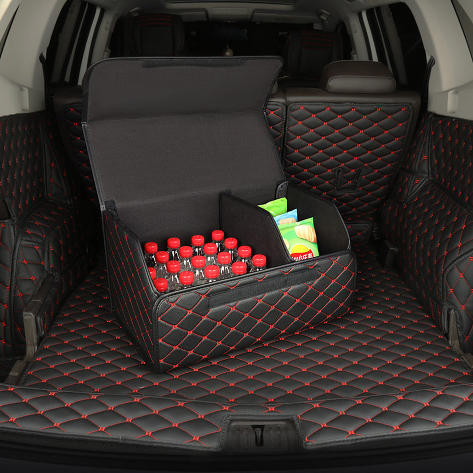 SOGA Leather Car Boot Collapsible Foldable Trunk Cargo Organizer Portable Storage Box Black/Red Stitch Small
