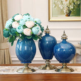 SOGA 2x 40cm Ceramic Oval Flower Vase with Gold Metal Base Dark Blue