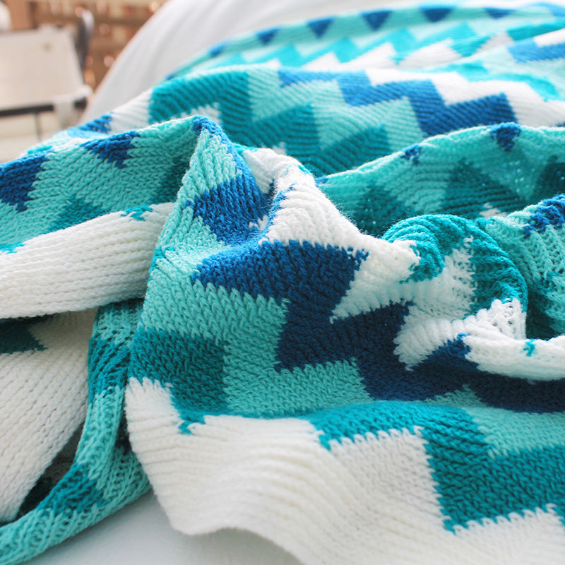SOGA 170cm Blue Zigzag Striped Throw Blanket Acrylic Wave Knitted Fringed Woven Cover Couch Bed Sofa Home Decor