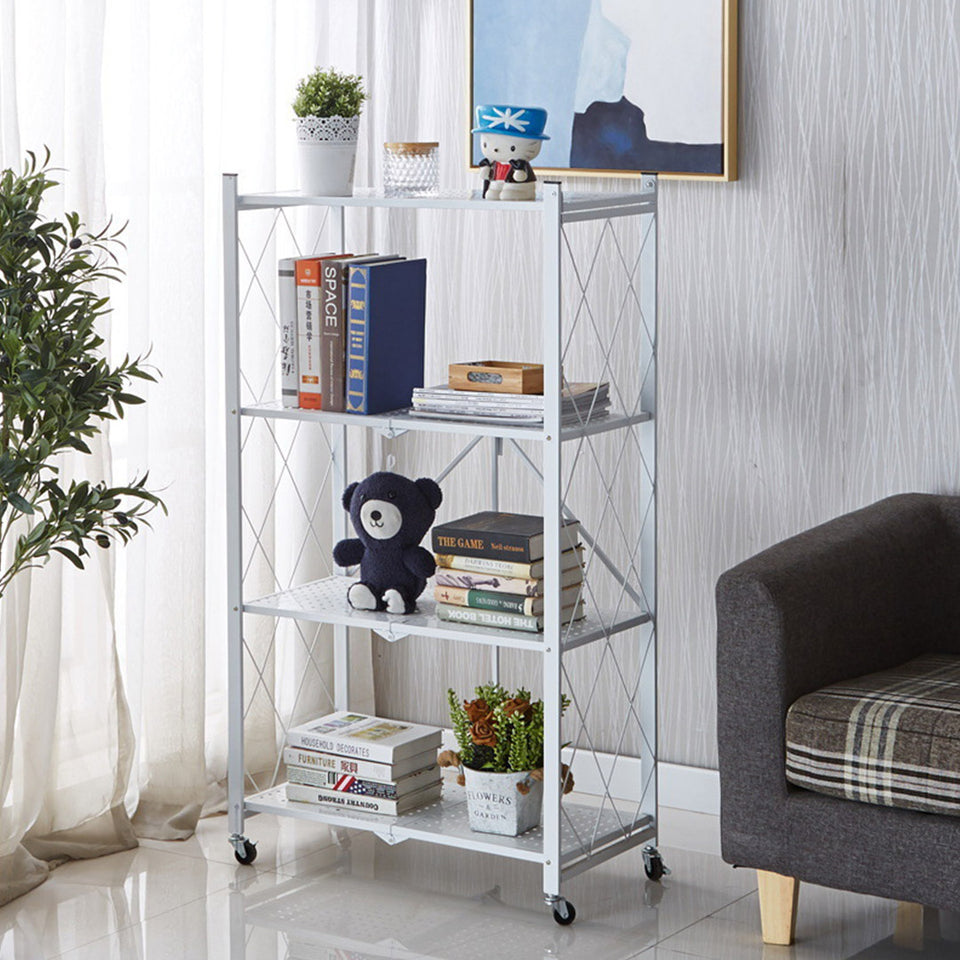 SOGA 2X 4 Tier Steel White Foldable Kitchen Cart Multi-Functional Shelves Storage Organizer with Wheels