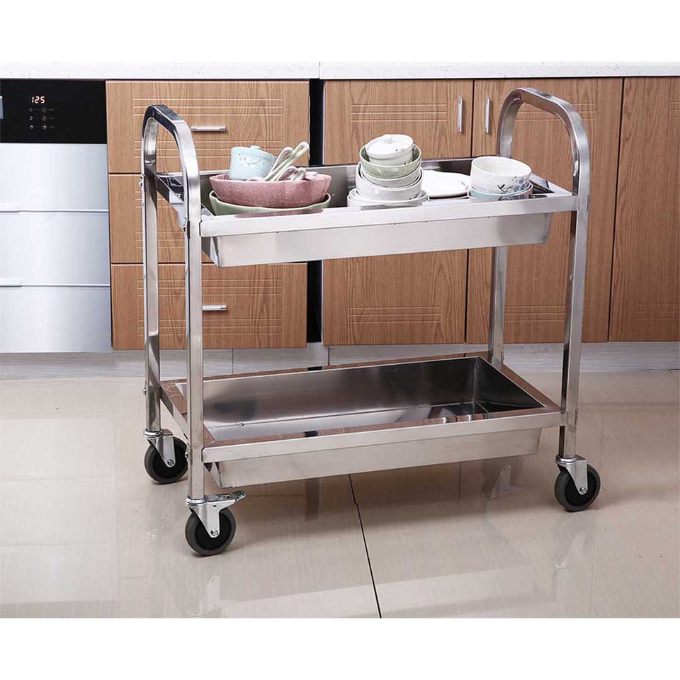SOGA 2X 2 Tier Stainless Steel Kitchen Trolley Bowl Service Food Cart Large 95x50x95cm