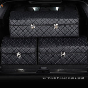 SOGA Leather Car Boot Collapsible Foldable Trunk Cargo Organizer Portable Storage Box Black/White Stitch with Lock Large