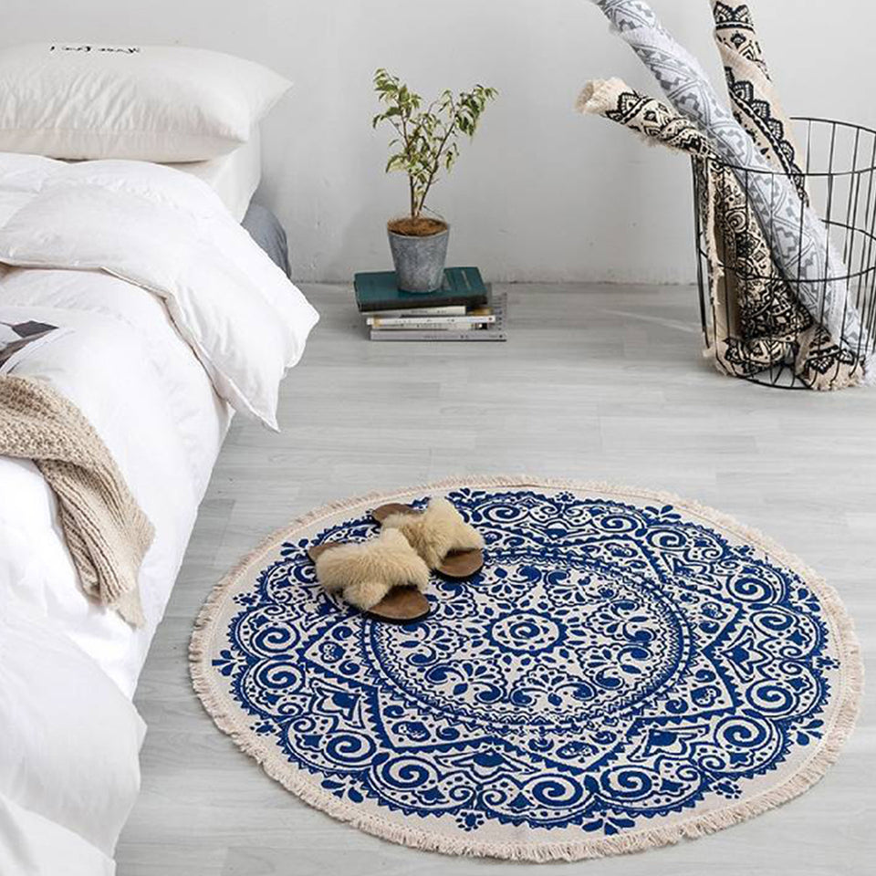 SOGA Blue Carpet Soft Linen Bohemian Non-Slip Floor Retro Minimalist Round Rug Home Decor with Tassels