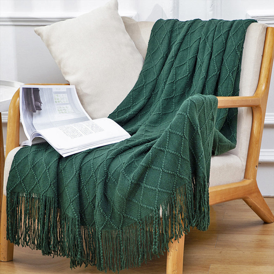 SOGA 2X Green Diamond Pattern Knitted Throw Blanket Warm Cozy Woven Cover Couch Bed Sofa Home Decor with Tassels