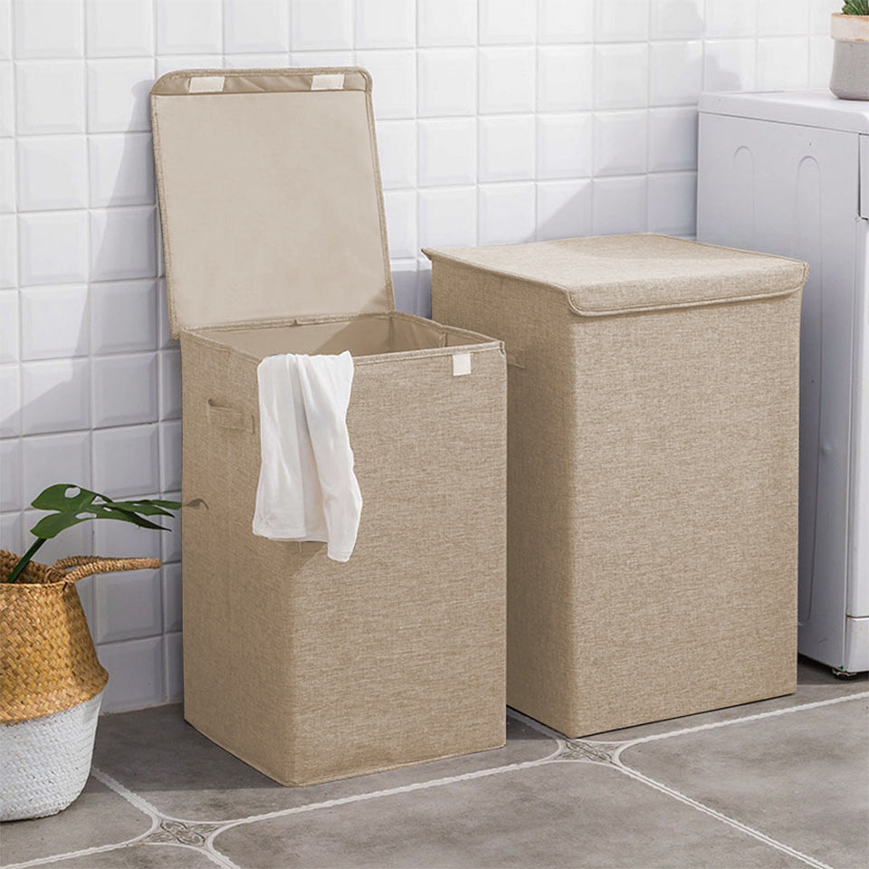 SOGA Beige Medium Collapsible Laundry Hamper Storage Box Foldable Canvas Basket Home Organiser Decor