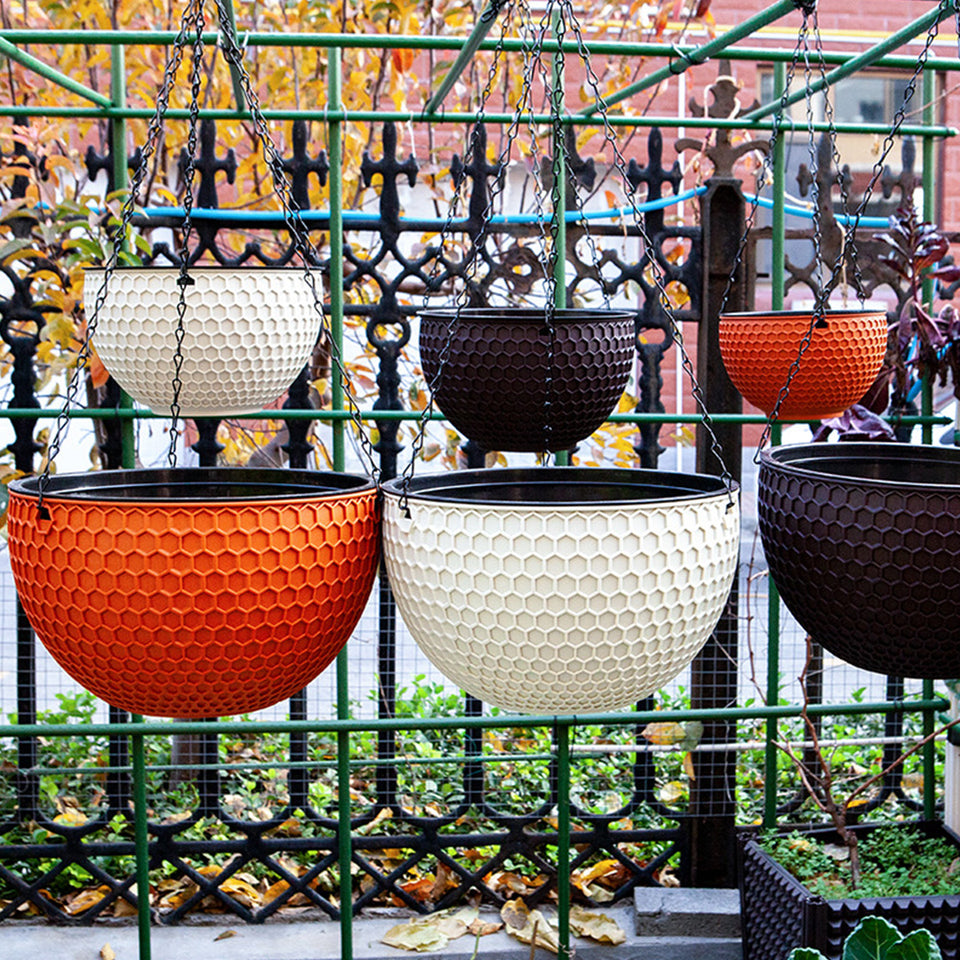 SOGA 2X Coffee Small Hanging Resin Flower Pot Self Watering Basket Planter Outdoor Garden Decor