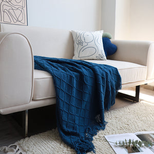 SOGA Royal 2X Blue Diamond Pattern Knitted Throw Blanket Warm Cozy Woven Cover Couch Bed Sofa Home Decor with Tassels