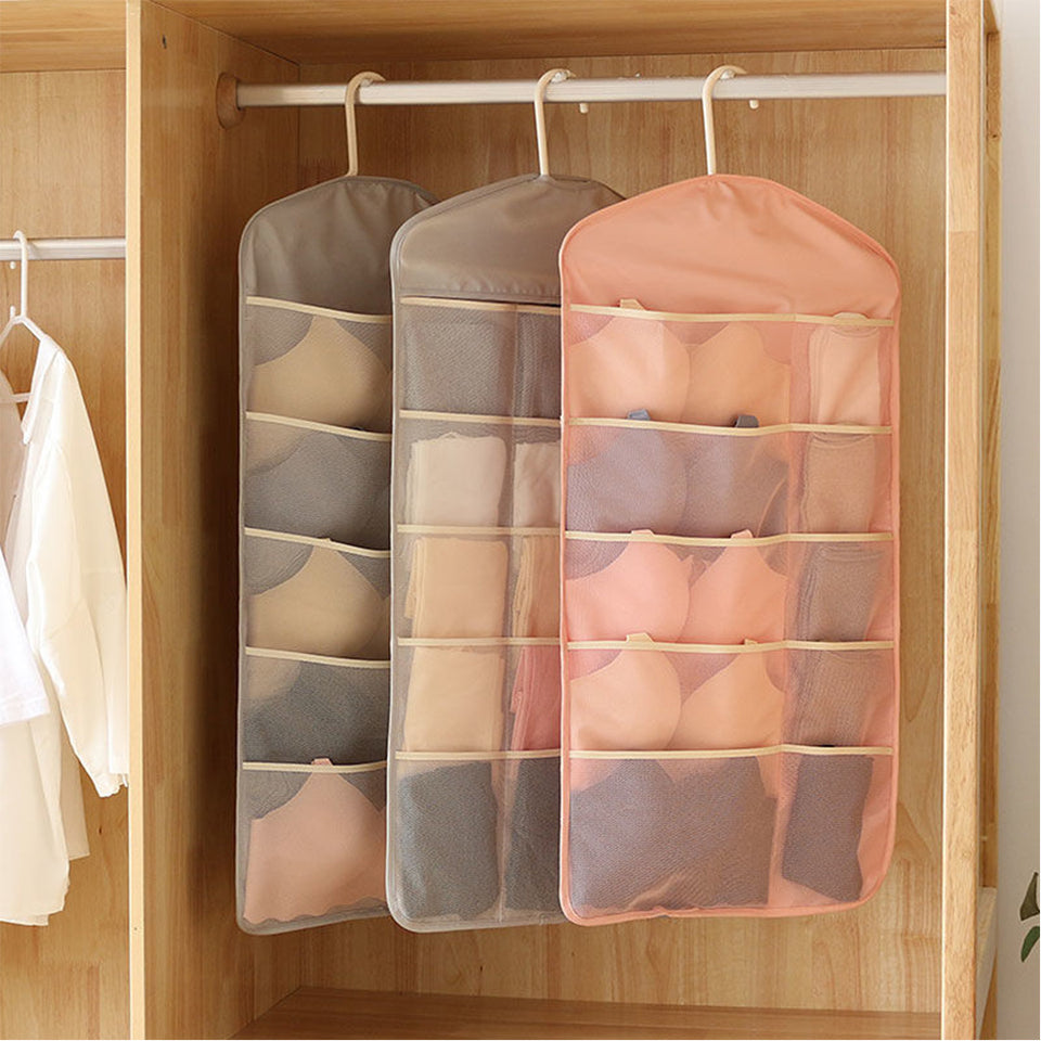 SOGA Pink Double Sided Hanging Storage Bag Underwear Bra Socks Mesh Pocket Hanger Home Organiser