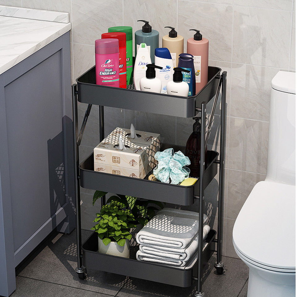 SOGA 3 Tier Steel Black Foldable Kitchen Cart Multi-Functional Shelves Storage Organizer with Wheels