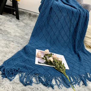 SOGA Royal 2X Blue Diamond Pattern Knitted Throw Blanket Warm Cozy Woven Cover Couch Bed Sofa Home Decor with Tassels