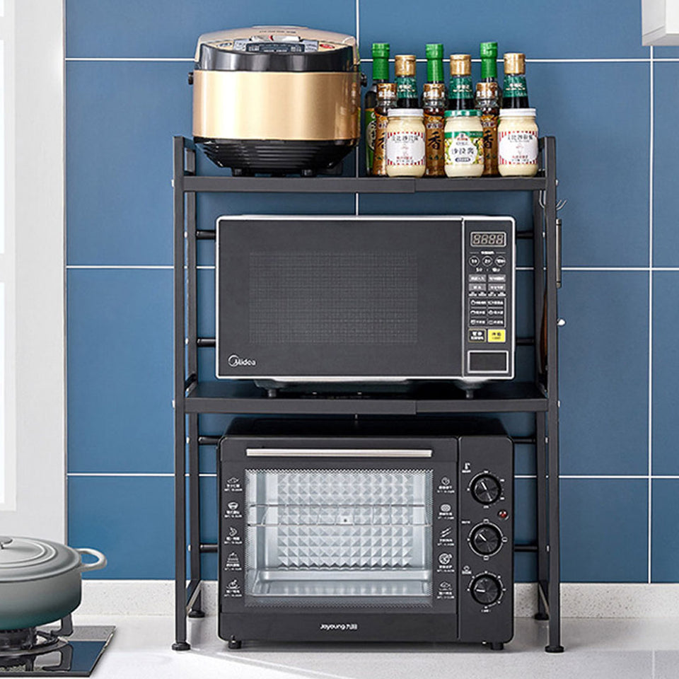 SOGA 2X 3 Tier Steel Black Retractable Kitchen Microwave Oven Stand Multi-Functional Storage Organizer