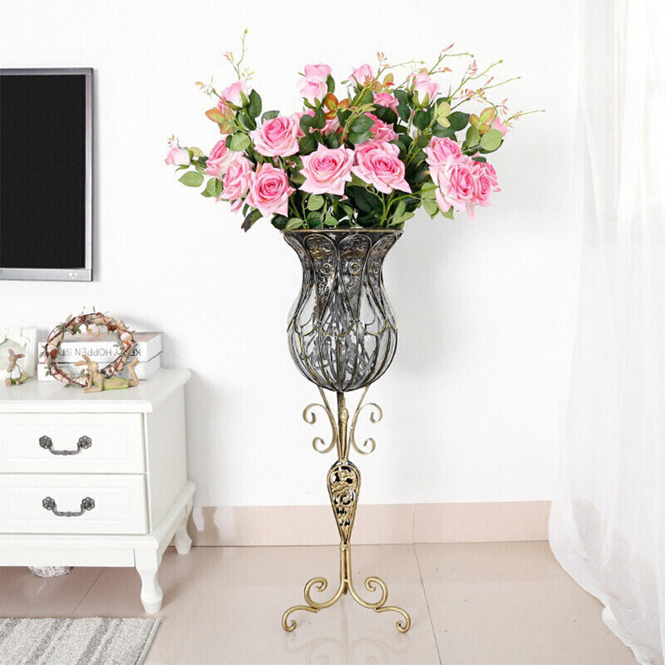 SOGA 85cm Clear Glass Tall Floor Vase with 12pcs Pink Artificial Fake Flower Set