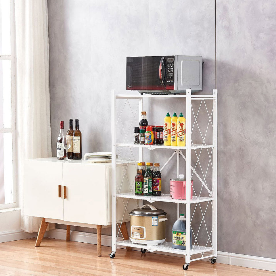 SOGA 2X 4 Tier Steel White Foldable Kitchen Cart Multi-Functional Shelves Storage Organizer with Wheels