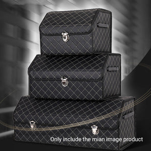 SOGA 2X Leather Car Boot Collapsible Foldable Trunk Cargo Organizer Portable Storage Box Black/White Stitch with Lock Medium