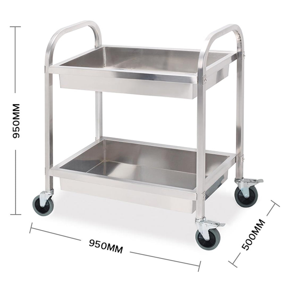 SOGA Stainless Steel Kitchen Trolley Cart 2 Tiers Dining Food Utility 95*50*95 Large